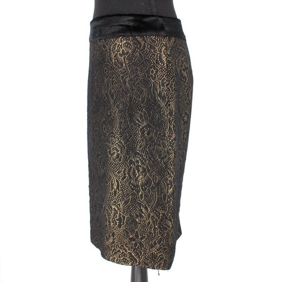 Milly Black Gold Metallic Floral Print Velvet Trim Pencil Mini Skirt 4 Small - Picture 4 of 8